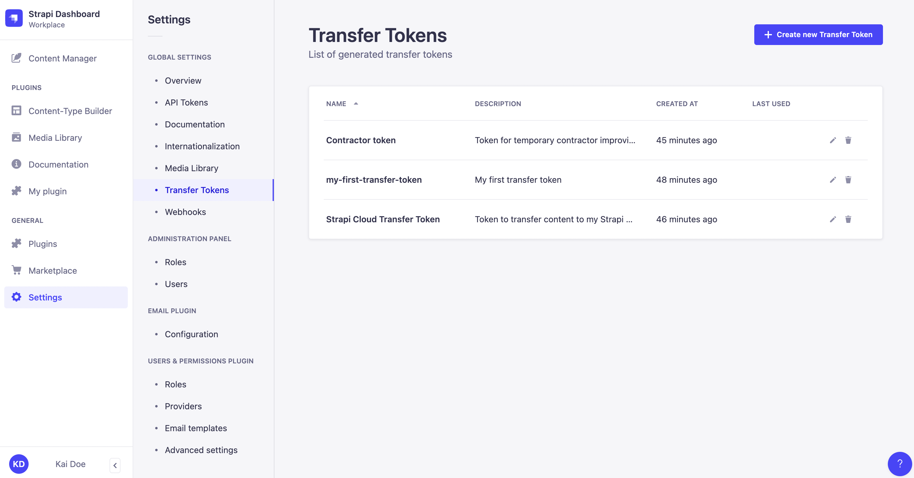 Transfer tokens